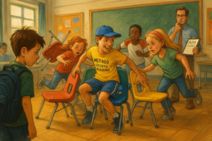 Illustration of children playing musical chairs in a classroom setting, symbolizing unstable school enrollment. One child wears a Method Sports Academy jersey, another carries a backpack labeled 'Flex-Based Learning.' Empty desks and paperwork labeled 'Independent Study Contract' are scattered around. The scene reflects confusion and competition for classroom seats amid Dehesa School District’s shifting student placements.
