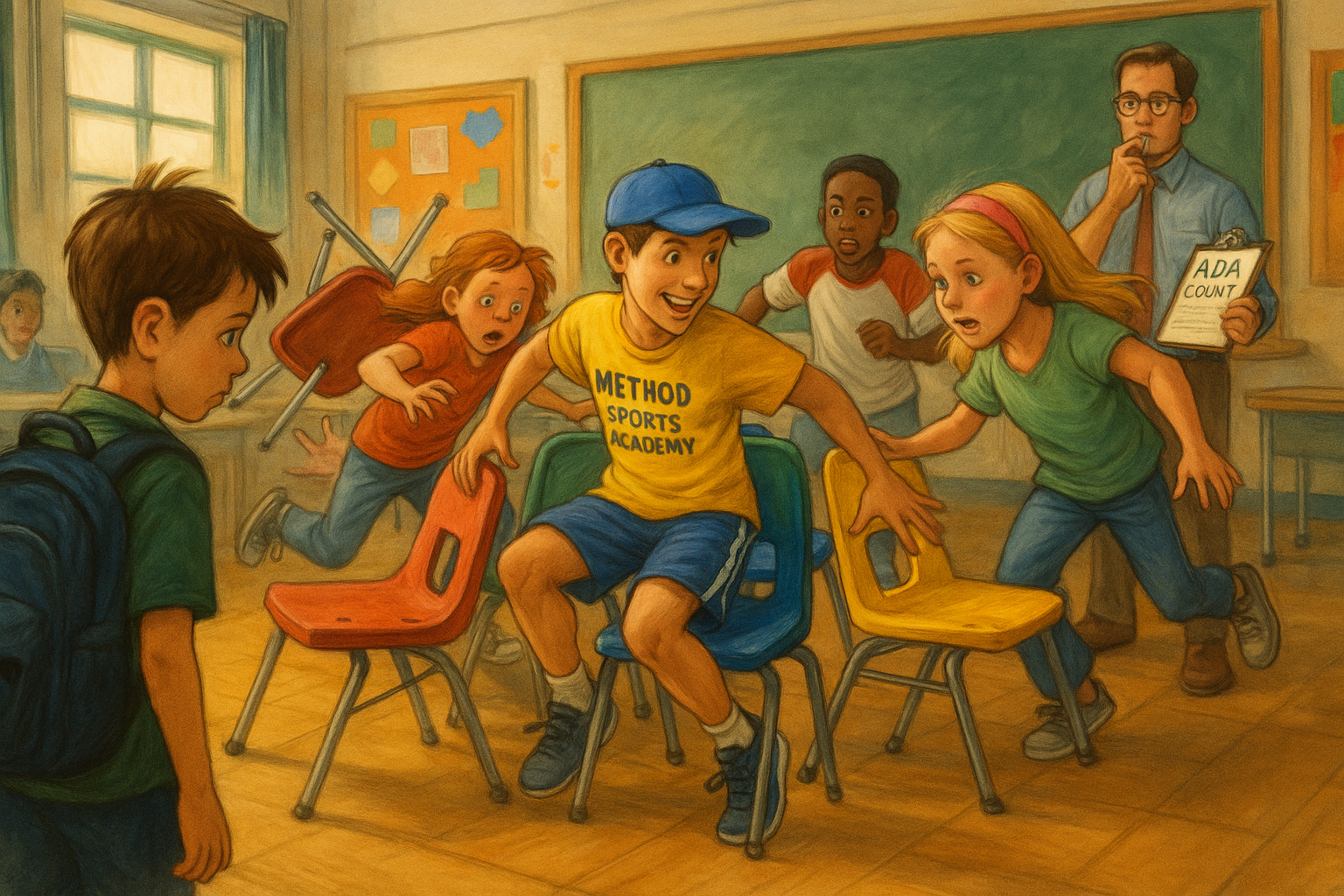Illustration of children playing musical chairs in a classroom setting, symbolizing unstable school enrollment. One child wears a Method Sports Academy jersey, another carries a backpack labeled 'Flex-Based Learning.' Empty desks and paperwork labeled 'Independent Study Contract' are scattered around. The scene reflects confusion and competition for classroom seats amid Dehesa School District’s shifting student placements.