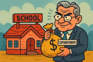 A colorful satirical cartoon illustration of a one-room schoolhouse on a massive pedestal of cash, surrounded by oversized paperwork and red tape, symbolizing bloated administration costs in a tiny school district.