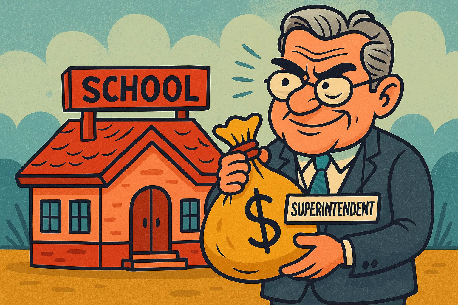 A colorful satirical cartoon illustration of a one-room schoolhouse on a massive pedestal of cash, surrounded by oversized paperwork and red tape, symbolizing bloated administration costs in a tiny school district.
