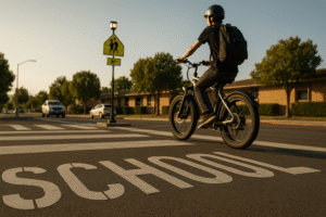 Helmeted teen on e-bike crossing a Santee school-zone crosswalk.