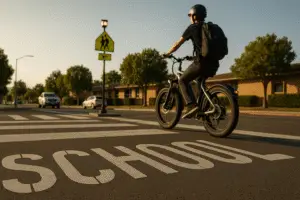 Helmeted teen on e-bike crossing a Santee school-zone crosswalk.