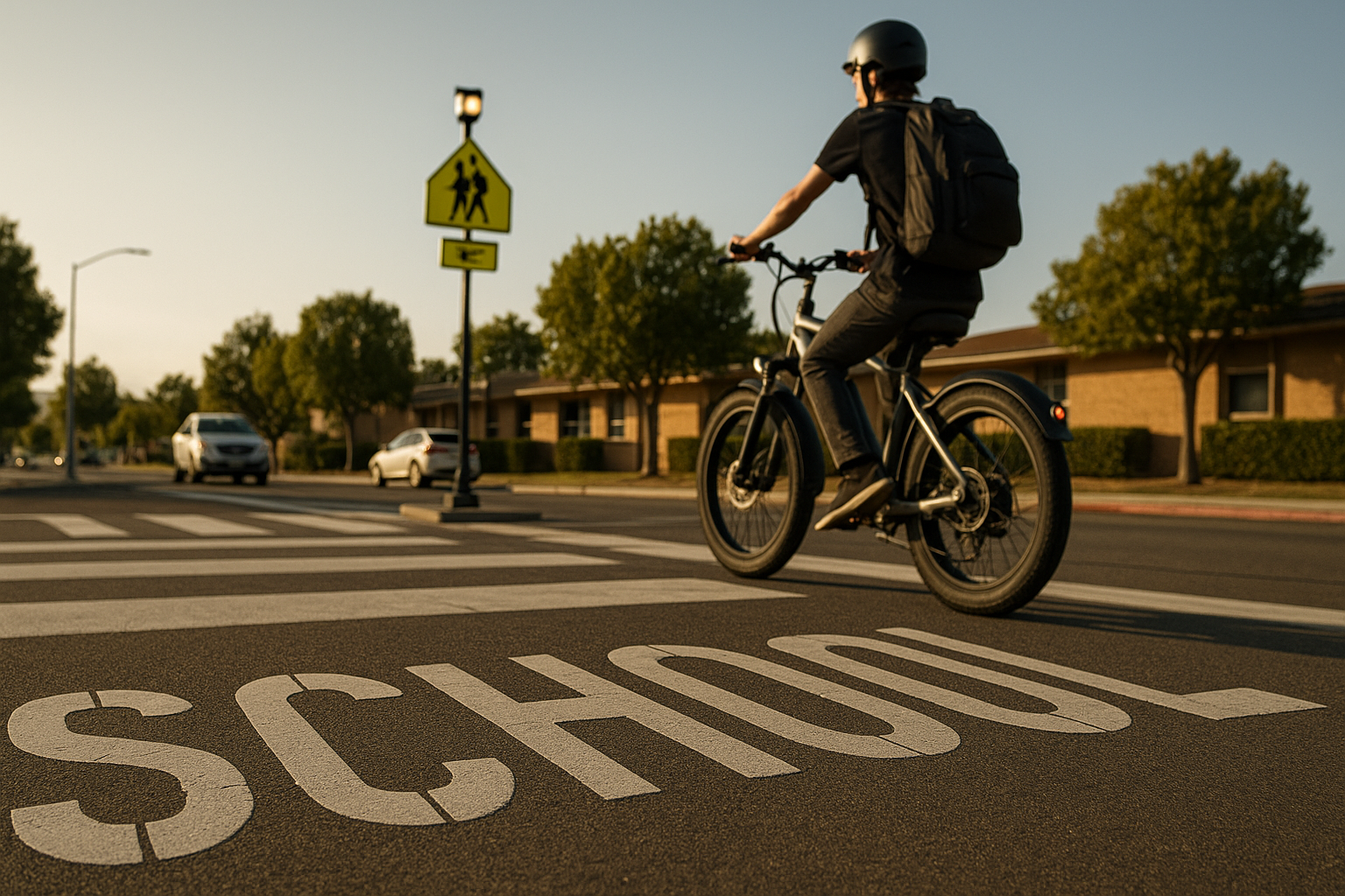 Helmeted teen on e-bike crossing a Santee school-zone crosswalk.