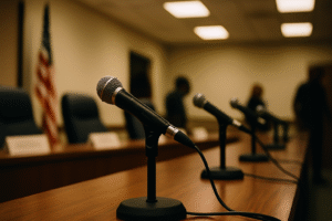 Microphone on a public meeting dais with other mics in a row; American flag and people out of focus.