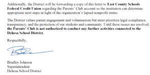 Letter excerpt signed by Superintendent Bradley Johnson stating the district will forward the notice to East County Schools Federal Credit Union and that the Parents’ Club is not authorized to conduct any further activities connected to Dehesa School District.