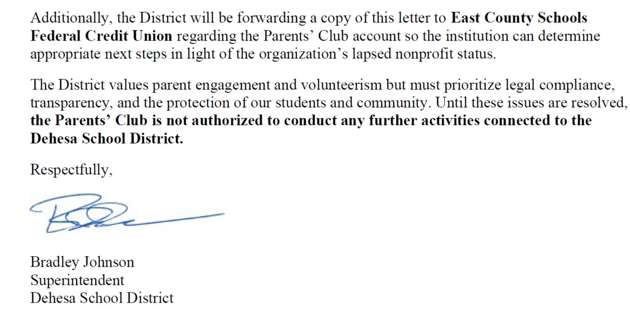 Letter excerpt signed by Superintendent Bradley Johnson stating the district will forward the notice to East County Schools Federal Credit Union and that the Parents’ Club is not authorized to conduct any further activities connected to Dehesa School District.