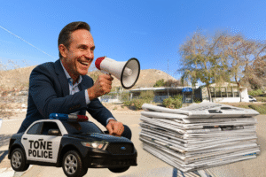 Satirical photo illustration of a man in a toy sized police car with a bullhorn near a school. Commentary photo, AI Generated Likeness