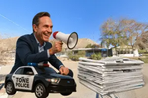 Satirical photo illustration of a man in a toy sized police car with a bullhorn near a school. Commentary photo, AI Generated Likeness