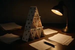 A fragile house of cards beginning to collapse on a wooden desk under warm light, symbolizing the fragility of power, accountability, and corruption