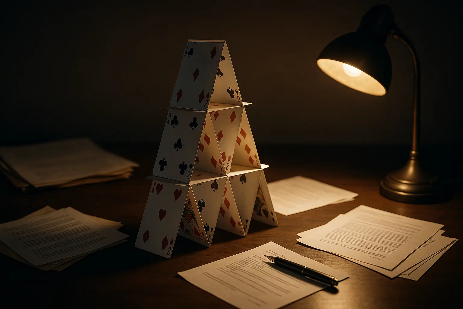 A fragile house of cards beginning to collapse on a wooden desk under warm light, symbolizing the fragility of power, accountability, and corruption
