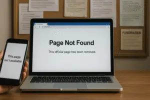 Photorealistic landscape photo of a laptop on a desk showing a “Page Not Found” screen for a school Facebook page, with a hand holding a phone that reads “This page isn’t available” and a blurred school bulletin board in the background.