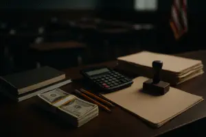 A photorealistic scene of a schoolroom table with stacks of U.S. cash, a calculator, pencils, manila folders, and a rubber stamp in focus; empty student desks and an American flag are softly blurred in the background.