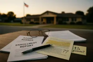 Close-up of a desk covered in highlighted public records, sticky notes, and a yellow highlighter, symbolizing an investigation into a school district’s charter finances and oversight.