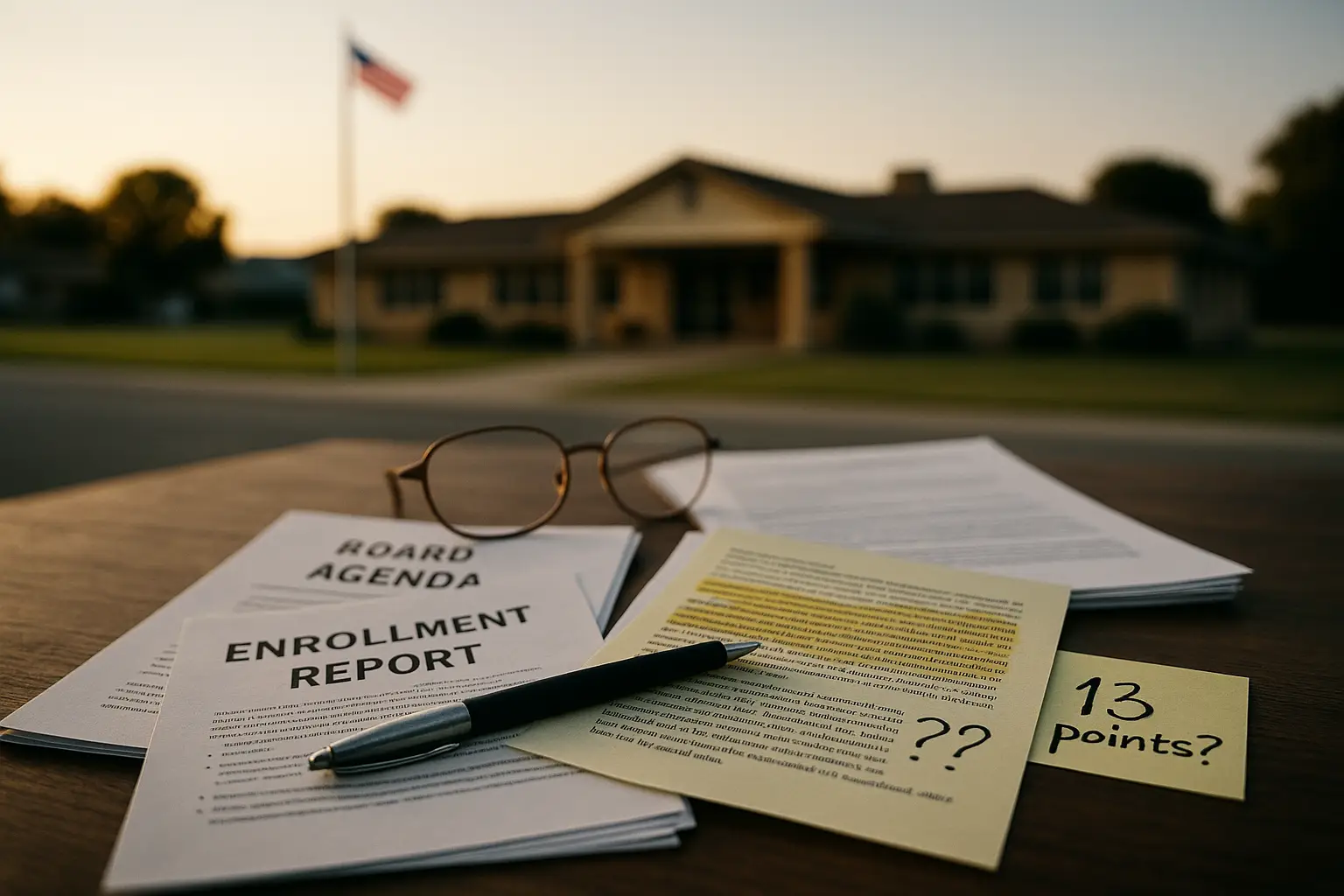 Close-up of a desk covered in highlighted public records, sticky notes, and a yellow highlighter, symbolizing an investigation into a school district’s charter finances and oversight.