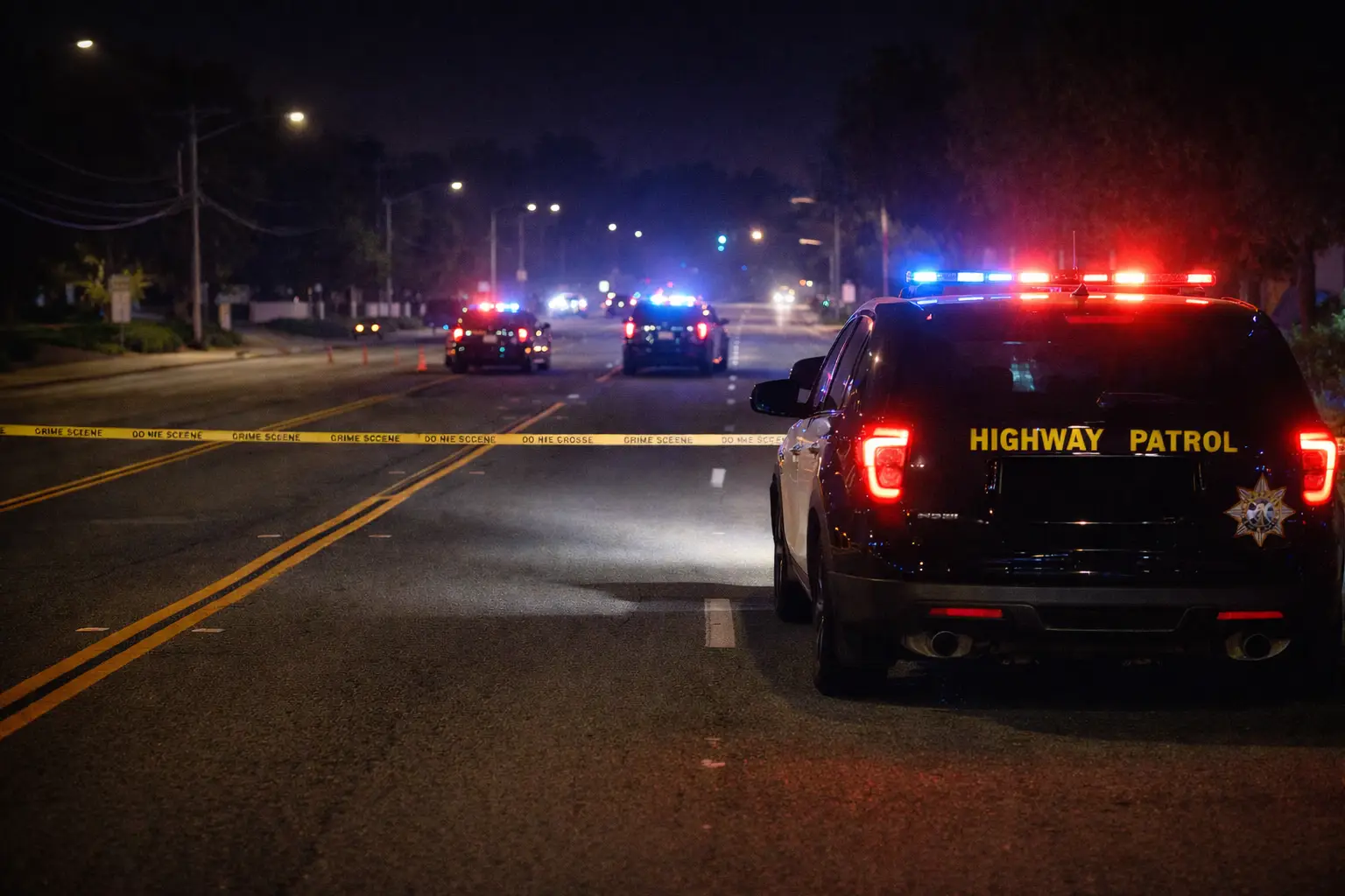 California Highway Patrol vehicles block Winter Gardens Boulevard at night during a fatal motorcycle crash investigation in Lakeside.