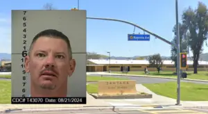 Exterior view of Santana High School in Santee, California; inset shows a CDCR inmate identification photo of Charles Andrew ‘Andy’ Williams.