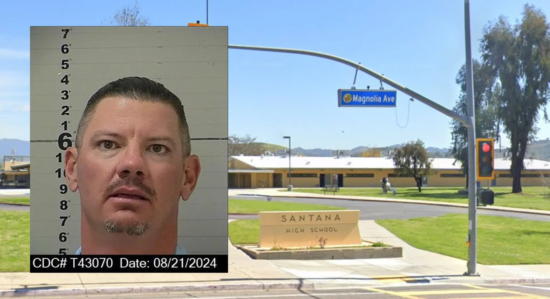 Exterior view of Santana High School in Santee, California; inset shows a CDCR inmate identification photo of Charles Andrew ‘Andy’ Williams.