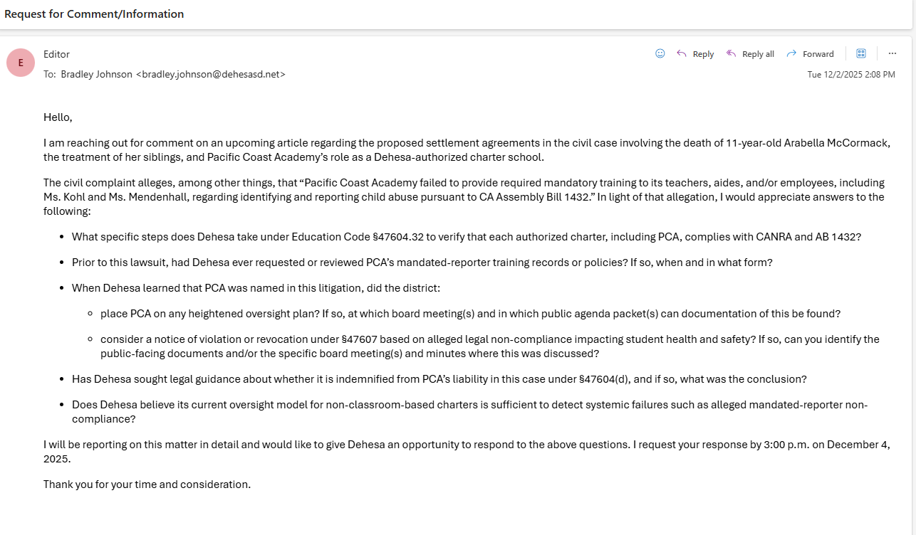 Screenshot of an email sent to Bradley Johnson requesting comment about charter oversight and the Pacific Coast Academy settlement.
