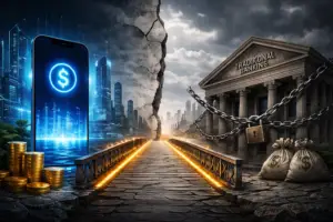 A split-scene illustration contrasts a glowing, futuristic financial landscape with a dark, aging banking system. On one side, a smartphone showing a digital dollar and gold coins sits in a bright, modern city; on the other, an old stone bank chained shut stands under stormy skies. A cracked bridge divides the two, highlighting the tension between innovation and tradition.