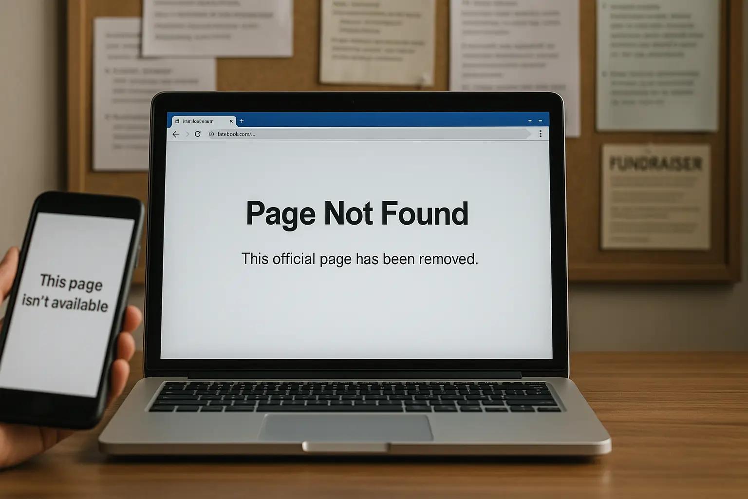 Photorealistic landscape photo of a laptop on a desk showing a “Page Not Found” screen for a school Facebook page, with a hand holding a phone that reads “This page isn’t available” and a blurred school bulletin board in the background.