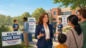 Illustrated scene of a grassroots school board campaign outside a school, showing a candidate speaking with parents and community members while volunteers hold clipboards and campaign signs.