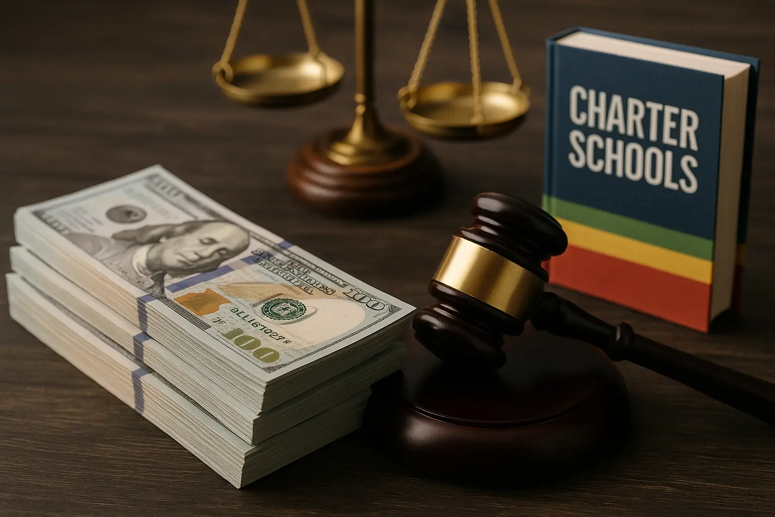 A close-up, high-resolution photograph of U.S. currency, with tightly stacked hundred-dollar bills in sharp focus. The lighting emphasizes the texture and detail of the paper, evoking themes of money, funding, and financial influence.