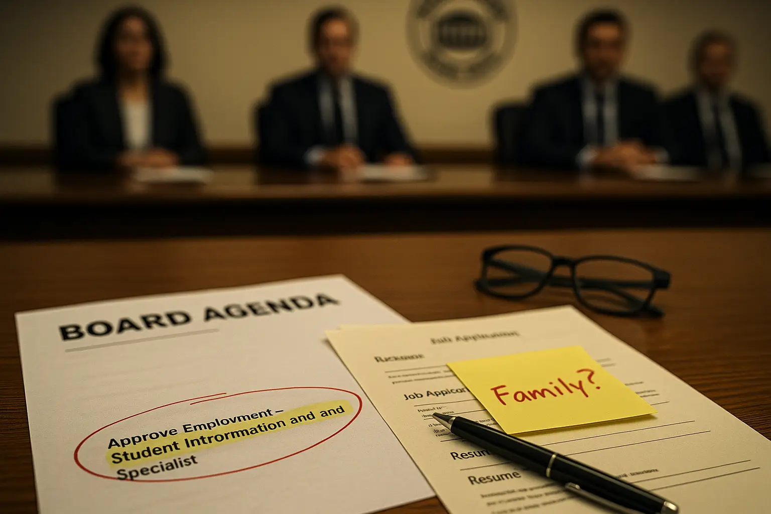 School board agenda highlighting a staff hiring item with a job application labeled “Family?” on a boardroom table.