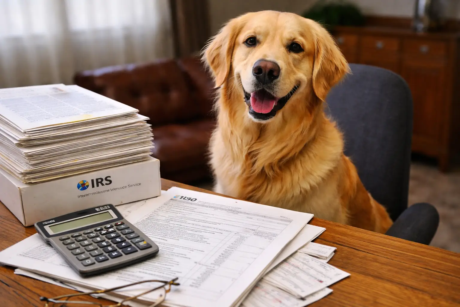Golden retriever sits at a desk surrounded by tax forms, receipts, a calculator, and an IRS-labeled box.